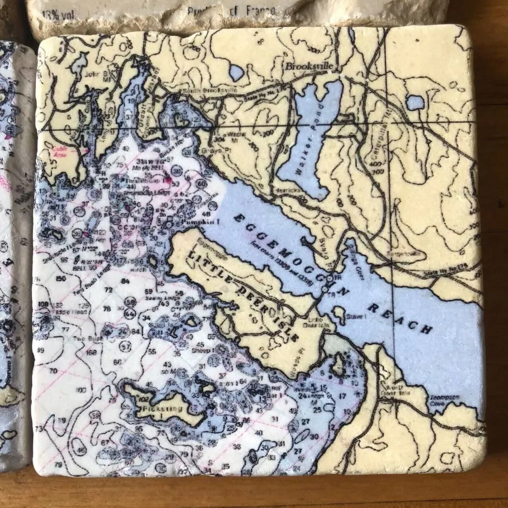 Set of 7 Square Natural Stone Marble Coasters French Wine Labels Maps 4